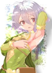 Rule 34 | 1girl, 2020, absurdres, antenna hair, armlet, armpit focus, armpits, bag, belt, blush, bob cut, border, bracelet, breasts, brown bag, bush, clip studio paint (medium), covered navel, detached sleeves, dress, embarrassed, gorget, green dress, grey hair, hair between eyes, hair over eyes, hand in own hair, hand up, high belt, highres, jewelry, kokkoro (princess connect!), looking away, looking to the side, medium hair, open mouth, outdoors, pink eyes, presenting armpit, princess connect!, puffy sleeves, satchel, see-through, see-through sleeves, sideboob, sidelocks, small breasts, solo, spread armpit, steaming body, sukuda mizuo, sweat, tree, two-tone dress, upper body