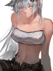 Rule 34 | 1girl, arknights, bare shoulders, breasts, chinese commentary, cleavage, closed mouth, collarbone, commentary request, grey eyes, highres, lack shorts, lappland (arknights), long hair, material growth, medium breasts, naijiaer, navel, oripathy lesion (arknights), scar, scar across eye, scar on face, short shorts, shorts, silver hair, simple background, sitting, solo, stomach, strapless, tube top, very long hair, white background