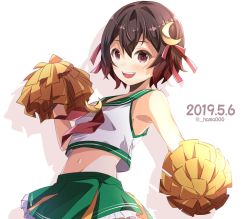 Rule 34 | 1girl, adapted costume, bad id, bad twitter id, brown hair, cheerleader, commentary request, cowboy shot, crescent, crescent hair ornament, crescent pin, crop top, dated, gradient hair, green sailor collar, green skirt, hair ornament, hama ( hama000), kantai collection, midriff, miniskirt, multicolored hair, mutsuki (kancolle), mutsuki kai ni (kancolle), navel, neckerchief, one-hour drawing challenge, pleated skirt, pom pom (cheerleading), red hair, red neckerchief, sailor collar, short hair, skirt, sleeveless, smile, solo, twitter username