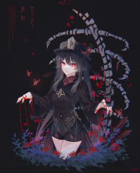 Rule 34 | 1girl, black background, black hat, bone, brown coat, brown hair, bug, butterfly, character name, closed mouth, coat, english text, flower, genshin impact, hair between eyes, hat, hat flower, highres, hu tao (genshin impact), insect, long hair, mokoppe, puppet strings, red eyes, red shirt, shirt, short shorts, shorts, skeleton, solo, spider lily, symbol-shaped pupils, twintails