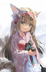 Rule 34 | 1girl, :&lt;, animal ears, apron, arknights, ball, blush, brown hair, closed mouth, cup, flower, fox ears, fox girl, fox tail, green eyes, hair flower, hair ornament, hairband, highres, holding, holding cup, japanese clothes, kimono, long hair, long sleeves, looking at viewer, multiple tails, newnand, official alternate costume, pink kimono, red hairband, solo, suzuran (arknights), suzuran (yukibare) (arknights), tail, temari ball, very long hair, waist apron, white apron, white flower, wide sleeves