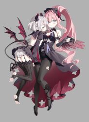 2girls absurdres back_cutout bare_shoulders black_dress black_pantyhose black_wings blue_eyes breasts buruma cleavage clothing_cutout demon_girl demon_horns demon_tail dress fingerless_gloves garter_straps gloves gogoco gradient_wings grey_background grey_hair hair_between_eyes high_heels highres horns large_breasts long_hair long_sleeves multicolored_wings multiple_girls original pantyhose pink_hair red_wings small_breasts tail thighhighs toeless_legwear torn_clothes torn_pantyhose torn_wings very_long_hair wings