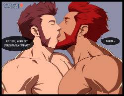 Rule 34 | 2boys, bara, beard, brown hair, couple, crestren, closed eyes, facial hair, fate/grand order, fate (series), french kiss, goatee, highres, iskandar (fate), kiss, large pectorals, long sideburns, male focus, mature male, multiple boys, muscular, muscular male, napoleon bonaparte (fate), open mouth, paid reward available, pectoral press, pectorals, red hair, paid reward available, short hair, sideburns, simple background, tongue, topless male, yaoi