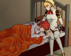 Rule 34 | 2girls, aegis (persona), android, bad id, bad pixiv id, bed, bed frame, blanket, blonde hair, bow, closed eyes, flauschtraut, hand on another&#039;s shoulder, headphones, joints, long sleeves, looking at another, lying, medium hair, multiple girls, on side, persona, persona 3, persona 3 portable, red hair, red neckwear, red ribbon, ribbon, robot joints, shiomi kotone, short hair, sitting, sleeping, yuri
