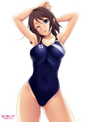 Rule 34 | 10s, 1girl, armpits, arms behind head, bare arms, bare legs, bare shoulders, blue eyes, blue one-piece swimsuit, breasts, brown hair, competition swimsuit, copyright name, covered navel, cowboy shot, covered erect nipples, highleg, highleg swimsuit, highres, large breasts, looking at viewer, love live!, love live! sunshine!!, one-piece swimsuit, one eye closed, short hair, sideboob, smile, solo, swimsuit, thighs, tongue, tongue out, tony guisado, watanabe you, white background