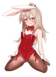 Rule 34 | 1girl, ahoge, animal ears, bare arms, bare shoulders, black pantyhose, blush, bow, bowtie, breasts, brown eyes, commentary, detached collar, full body, grey hair, hair between eyes, highres, leotard, long hair, no shoes, onii-chan wa oshimai!, oversized breast cup, oyama mahiro, pantyhose, playboy bunny, rabbit ears, rabbit tail, red bow, red bowtie, red leotard, sigure again, simple background, small breasts, solo, strapless, strapless leotard, tail, white background, wrist cuffs