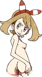 Rule 34 | 10s, 1girl, alternate color, back, breasts, brown hair, covered erect nipples, creatures (company), fingernails, game freak, grey eyes, hair ornament, hairband, hip focus, looking back, may (pokemon), nail, nintendo, nipples, nude, pokemon, pokemon oras, pussy, ribbon, shiny skin, sideboob, simple background, smile, spread legs, teeth, uncensored, white background