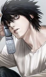 Rule 34 | 1boy, bags under eyes, black eyes, black hair, calling, cellphone, death note, gimgyeon (dog 0987), hair between eyes, head tilt, highres, holding, holding phone, knee up, l (death note), long sleeves, male focus, pants, phone, shirt, short hair, sitting, solo, upper body, white shirt, wide-eyed