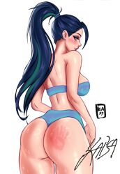 Rule 34 | 1girl, arms at sides, artist logo, ass, ass focus, back, bikini, blue bikini, blue hair, blush, breasts, character name, closed mouth, cowboy shot, earrings, eyebrows, eyelashes, female focus, from behind, green hair, highleg, highleg bikini, highres, huge ass, jewelry, k/da (league of legends), k/da all out kai&#039;sa, kai&#039;sa, konomiarts, large breasts, league of legends, lipstick, long hair, looking at viewer, looking back, makeup, multicolored hair, official alternate costume, ponytail, profile, purple eyes, red lips, simple background, slap mark, solo, standing, sweat, swimsuit, two-tone hair, wedgie, white background, wide hips
