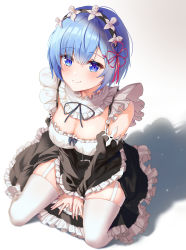 Rule 34 | 1girl, absurdres, apron, bare shoulders, between legs, black dress, blue eyes, blue hair, blush, breasts, cleavage, closed mouth, collar, commentary, commentary request, detached sleeves, dress, frilled collar, frilled dress, frilled sleeves, frills, from above, full body, garter straps, hair ornament, hair over one eye, hair ribbon, hand between legs, highres, kimae, large breasts, long sleeves, looking at viewer, maid, maid headdress, medium breasts, pink ribbon, re:zero kara hajimeru isekai seikatsu, rem (re:zero), ribbon, ribbon trim, roswaal mansion maid uniform, seiza, short hair, sitting, skindentation, smile, solo, symbol-only commentary, thighhighs, v arms, white apron, white background, white thighhighs, x hair ornament