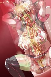 Rule 34 | 1girl, areola slip, arms behind head, bikini, blush, body writing, breasts, censored, cleavage, condom, covered erect nipples, elbow gloves, empty eyes, fate/grand order, fate (series), florence nightingale (fate), florence nightingale (trick or treatment) (fate), gloves, hat, highres, mosaic censoring, multiple condoms, navel, official alternate costume, pee, peeing, pink eyes, pink hair, shrug (clothing), sitting, solo, spread legs, swimsuit, thighhighs, toilet, translation request, used condom, wanaata