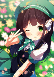 Rule 34 | 1girl, ;d, beret, black vest, blurry, blurry background, blurry foreground, blush, bow, brown hair, chinomaron, commentary request, day, depth of field, dutch angle, flower, gochuumon wa usagi desu ka?, green bow, green eyes, green hat, green skirt, hand up, hat, head tilt, highres, long hair, looking at viewer, one eye closed, open mouth, outdoors, petals, pink flower, puffy short sleeves, puffy sleeves, shirt, short sleeves, signature, skirt, smile, solo, striped, striped bow, twitter username, ujimatsu chiya, v, very long hair, vest, white flower, white shirt, yellow flower