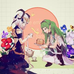 Rule 34 | 2girls, ^^^, anger vein, bakaabread, bare back, bare shoulders, braid, breasts, cleavage, copyright name, cosplay, costume switch, crossed legs, crossover, cup, fire emblem, fire emblem: three houses, flat chest, flower, food, green eyes, green hair, hair ornament, highres, horns, kneeling, long hair, multiple girls, nintendo, open mouth, pancake, pointy ears, rune factory, rune factory 4, short hair, side braid, silver hair, simple background, sothis (fire emblem), sothis (fire emblem) (cosplay), syelzaweed, teacup, teapot, tiara, trait connection, twintails