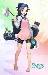 Rule 34 | 10s, 1girl, bike shorts, black hair, blue eyes, bottle, bucket, bucket of water, cannon, cleaning, duster, fairy (kancolle), gradient background, hat, honeycomb (pattern), honeycomb background, honeycomb pattern, jacket, kantai collection, kuroshio (kancolle), long sleeves, open mouth, slippers, smile, solo, spray bottle, taketora suzume, tiger symbol