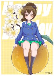 Rule 34 | 1girl, artist name, black ribbon, black socks, blue jacket, branch, breasts, brown eyes, brown hair, buttons, closed mouth, commentary, double-breasted, english text, food, fruit, girls und panzer, green skirt, hair ribbon, happy birthday, highres, jacket, koyama yuzu, large breasts, legs, long sleeves, looking at viewer, medium hair, miniskirt, namatyoco, name connection, no shoes, ooarai school uniform, oversized food, oversized object, petals, pleated skirt, ribbon, sailor collar, school uniform, short ponytail, signature, sitting, skirt, smile, socks, solo, text background, texture, winter uniform, yellow background, yuzu (fruit)
