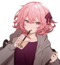 Rule 34 | 1girl, absurdres, backpack, bag, blurry, bow, bubble tea, collarbone, crossed bangs, cup, curly hair, depth of field, dot nose, drinking straw, grey hoodie, hair between eyes, hair bow, highres, holding, holding cup, holding strap, hood, hood down, hoodie, indie utaite, looking at viewer, medium hair, niconico, nqrse, nyannyan 321, pink eyes, pink hair, purple bow, purple shirt, shirt, simple background, solo, utaite, white background