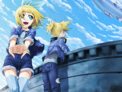 Rule 34 | 1boy, 1girl, aqua eyes, blonde hair, brother and sister, cloud, day, denim, denim shorts, ifuji shinsen, interlocked fingers, jacket, jeans, kagamine len, kagamine rin, palms, pants, shorts, siblings, sky, smile, thighhighs, torn clothes, twins, vocaloid
