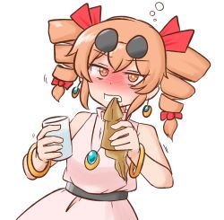 Rule 34 | 1girl, bangle, bare shoulders, belt, biting, blush, bow, bracelet, clenched teeth, cup, dress, drill hair, earrings, eyewear on head, food, full-face blush, hair bow, highres, holding, holding cup, holding food, jewelry, looking at viewer, mizusoba, necklace, nose blush, orange eyes, orange hair, pendant, pink dress, red bow, ring, simple background, squeans, sleeveless, sleeveless dress, solo, squid, sunglasses, teeth, touhou, twin drills, white background, yorigami jo&#039;on