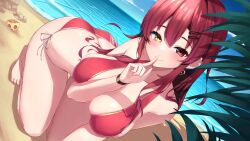 Rule 34 | 1girl, absurdres, ass, bare shoulders, barefoot, beach, bikini, blue sky, blush, breasts, butt crack, cleavage, closed mouth, cloud, day, earrings, finger to mouth, halterneck, heart, heart earrings, heterochromia, highres, hololive, houshou marine, houshou marine (summer), index finger raised, jewelry, large breasts, long hair, looking at viewer, nai (cnoadi8), ocean, outdoors, red bikini, red eyes, red hair, sand, shushing, side-tie bikini bottom, sky, smile, solo, string bikini, swimsuit, virtual youtuber, water, yellow eyes