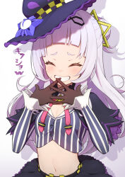 Rule 34 | 1girl, absurdres, black skirt, blush, breasts, brown gloves, cleavage, closed eyes, closed mouth, cropped shirt, gloves, grey hair, hair bun, hair ornament, hat, head chain, highres, hololive, jewelry, long hair, lunch boxer, murasaki shion, murasaki shion (1st costume), navel, purple hat, shirt, short eyebrows, sidelocks, single hair bun, skirt, small breasts, smile, solo, star (symbol), star hair ornament, striped clothes, striped shirt, teeth, upper teeth only, vertical-striped clothes, vertical-striped shirt, virtual youtuber, witch hat