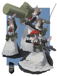 Rule 34 | 4girls, absurdres, aiming, animal ears, apron, backpack, bag, beret, binoculars, black dress, brown eyes, brown hair, cat ears, clenched hand, dress, flat chest, hat, headset, highres, holding, holding binoculars, holding rocket launcher, holding weapon, huge weapon, jack arms, kneeling, long dress, maid, maid apron, making-of available, multiple girls, original, photo-referenced, radio antenna, red hat, rocket launcher, short hair, weapon, white apron, wrist cuffs