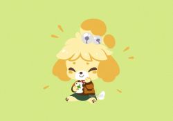 Rule 34 | afternoon fika, animal crossing, dog, closed eyes, green background, isabelle (animal crossing), nintendo, phone, simple background, sitting, smile