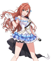 Rule 34 | 1girl, arisugawa natsuha, black eyes, blush, collar, curly hair, frills, fur trim, gloves, hair ornament, hair ribbon, heart, highres, holding, holding microphone, idol clothes, idolmaster, idolmaster shiny colors, long hair, looking at viewer, microphone, miniskirt, official art, open mouth, red hair, ribbon, skirt, sleeveless, smile, solo, thighs, white background, white gloves, wing ornament