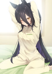 Rule 34 | 1girl, absurdres, ahoge, alternate costume, animal ears, arms up, black hair, blurry, blurry background, closed mouth, commentary request, curtains, gorioshi0802, hair between eyes, highres, horse ears, horse girl, horse tail, indoors, long hair, long sleeves, manhattan cafe (umamusume), messy hair, multicolored hair, on bed, one eye closed, pajamas, sitting, solo, streaked hair, stretching, tail, umamusume, waking up, wariza, white hair, yellow pajamas