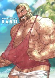 Rule 34 | 1boy, abs, arm hair, bara, bare pectorals, blush, brown hair, chest hair, clothes pull, flaccid, graves (league of legends), hairy, highres, large pectorals, league of legends, male focus, male swimwear, male swimwear pull, mature male, muscular, muscular male, mutton chops, navel, navel hair, nipples, onionworkshop, pectorals, penis, pink tank top, pulled by self, see-through, shirt, shirt pull, short hair, smirk, solo, swim trunks, swim trunks pull, swimsuit, tank top, thick eyebrows, thighs, veins, wet, wet clothes, wet shirt, white male swimwear, white swim trunks