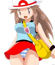 Rule 34 | 1girl, absurdres, bag, brown hair, clothes lift, creatures (company), derivative work, game freak, hat, highres, leaf (pokemon), miniskirt, nintendo, panties, pantyshot, pokemoa, pokemon, retro artstyle, shoulder bag, simple background, skirt, skirt lift, solo, standing, striped clothes, striped panties, third-party source, underwear, white background