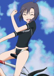 Rule 34 | 1girl, :d, ^ ^, antenna hair, arena (company), bicycle, black hair, black male swimwear, black swim briefs, closed eyes, from side, highres, idolmaster, idolmaster (classic), kikuchi makoto, looking at viewer, looking to the side, male swimwear, midriff, navel, open mouth, riding, riding bicycle, shinkuoh, short hair, smile, swim briefs, swim trunks, swimsuit