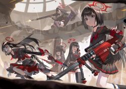 Rule 34 | 5girls, ^ ^, absurdres, aiming, armband, beret, black choker, black eyes, black hair, black headwear, black sailor collar, black shirt, black skirt, black socks, black thighhighs, black wings, blue archive, calling, choker, closed eyes, feathered wings, firing, gun, halo, hasumi (blue archive), hat, highres, hiro (yoshi chan), holding, holding gun, holding phone, holding weapon, ichika (blue archive), justice task force (blue archive), justice task force member (blue archive), long hair, looking ahead, looking at viewer, low wings, mashiro (blue archive), melting halo, multiple girls, neckerchief, on one knee, phone, pleated skirt, red armband, red eyes, red halo, red neckerchief, sailor collar, school uniform, shirt, short hair, skirt, smile, socks, thighhighs, torn clothes, torn shirt, torn skirt, tsurugi (blue archive), weapon, weapon request, wings