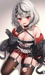 Rule 34 | 1girl, bare shoulders, belt, black choker, black gloves, black jacket, braid, breasts, brown thighhighs, camisole, choker, cleavage, fang, finger to mouth, fingerless gloves, frilled shirt, frills, funii, garter straps, gloves, gradient background, grey hair, hand up, highres, hololive, jacket, large breasts, long sleeves, looking at viewer, miniskirt, multicolored hair, nail polish, off shoulder, open clothes, open jacket, open mouth, plaid, plaid skirt, pleated skirt, red eyes, red skirt, sakamata chloe, seiza, shirt, short hair, sitting, skirt, sleeveless, sleeveless shirt, smile, solo, streaked hair, thighhighs, thighs, torn clothes, torn thighhighs, virtual youtuber, white shirt, zettai ryouiki
