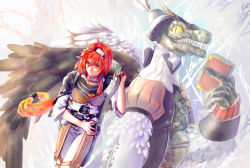 Rule 34 | 10s, 1boy, adlet myer, ambermaster, black wings, book, hat, hat feather, highres, looking at viewer, male focus, monster, open mouth, red eyes, red hair, rokka no yuusha, standing, teguneu, tgurneu, white wings, wings, yellow eyes
