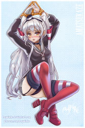 Rule 34 | 10s, 1girl, amatsukaze (kancolle), arms up, artist name, bdsm, black hat, blue background, blush, bondage, border, bound, bound wrists, brown eyes, brown shirt, character name, choker, collarbone, crossed legs, full body, garter straps, gloves, hair over shoulder, hair tubes, hat, high heels, kantai collection, knees apart feet together, long sleeves, looking at viewer, mini hat, nose blush, own hands together, panties, pantyshot, polka dot, polka dot background, prywinko, purple panties, red footwear, red thighhighs, restrained, rope, shirt, shoes, sidelocks, signature, silver hair, simple background, single glove, sitting, solo, spread legs, thigh strap, thighhighs, thighs, twintails, two side up, underwear, watermark, web address, white border, white gloves