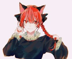Rule 34 | 1girl, animal ears, bad id, bad twitter id, braid, cat ears, highres, holding, holding own hair, kaenbyou rin, koyomiyoko o, light smile, looking at viewer, nail polish, red eyes, red hair, red nails, simple background, solo, touhou, twin braids, twintails, upper body, white background