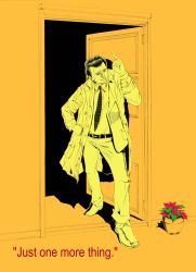 Rule 34 | 1boy, absurdres, catchphrase, cigar, columbo, lieutenant columbo, curly hair, door, flower, flower pot, formal, hand on own hip, highres, necktie, pointing, pointing up, raincoat, simple background, suit