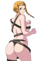 Rule 34 | 1girl, 78 (tky8), ass, ass focus, back, bare arms, bare shoulders, belt, braid, breasts, covered erect nipples, curvy, embarrassed, hairband, huge ass, large breasts, leina (queen&#039;s blade), looking at viewer, looking back, medium hair, panties only, queen&#039;s blade, shiny skin, simple background, skindentation, solo, thong, twin braids, twintails, underwear, white background, wide hips