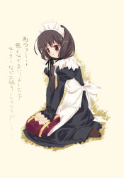 Rule 34 | 1girl, apron, black dress, blush, bow, brown eyes, brown hair, dress, full body, hair bow, kneeling, long hair, long sleeves, looking down, low twintails, maid, maid apron, maid headdress, murakami suigun, own hands together, puffy long sleeves, puffy sleeves, red eyes, seiza, simple background, sitting, smile, solo, sweater, turtleneck, twintails, wariza, yellow background, yokozuwari