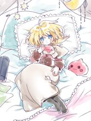 Rule 34 | 1girl, :3, acolyte (ragnarok online), arutopian, biretta, black pantyhose, blonde hair, blue eyes, blush, book, brown shirt, button eyes, buttons, capelet, character doll, closed mouth, commentary request, full body, looking at viewer, medium hair, on bed, pantyhose, pillow, poring, ragnarok online, shirt, skirt, smile, solo, white capelet, white skirt