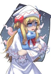 Rule 34 | 1girl, blonde hair, blue eyes, blue scarf, bow, bright pupils, capelet, cold, dress, enpera, hair bow, highres, lily white, looking to the side, multiple hair bows, open mouth, red bow, scarf, snowing, solo, touhou, trembling, white background, white capelet, white dress, white headwear, white pupils, yet you