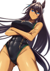 Rule 34 | 1girl, abs, absurdres, alternate costume, animal ears, black one-piece swimsuit, blue eyes, breasts, closed mouth, commentary request, competition swimsuit, cowboy shot, crossed arms, dark-skinned female, dark skin, earrings, gluteal fold, hair between eyes, highleg, highres, horse ears, horse girl, jewelry, large breasts, long hair, one-piece swimsuit, same kujira (challenger 310), simple background, single earring, solo, swimsuit, symboli kris s (umamusume), umamusume, white background