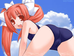 Rule 34 | 1girl, ass, caustics, long hair, looking back, one-piece swimsuit, open mouth, original, outdoors, red eyes, school swimsuit, sky, solo, swimsuit, twintails