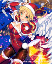 Rule 34 | 1girl, :d, angel wings, antlers, blonde hair, blush, boots, box, breasts, capelet, christmas, cleavage, dated, detached sleeves, feathers, fur trim, gift, gift box, green eyes, hat, horns, leotard, long hair, lord of knights, medium breasts, open mouth, original, pantyhose, red leotard, reindeer antlers, santa costume, santa hat, smile, solo, thigh boots, thighhighs, wings, yangsion