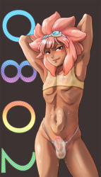 Rule 34 | 1boy, arms up, bikini, bikini top only, blush, bulge, censored, erection, goggles, goggles on head, highres, inazuma eleven (series), looking at viewer, male focus, mosaic censoring, muscular, penis, pink hair, pink pubic hair, pubic hair, se-am, seductive smile, see-through, smile, solo, swimsuit, tagme, testicles, thong, tongue, tongue out, tsunami jousuke, underwear, undressing, wet
