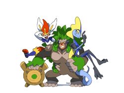 Rule 34 | animal ears, ban (ban62460424), carrying, cinderace, creatures (company), drum, fins, furry, game freak, gen 8 pokemon, head fins, instrument, inteleon, looking at viewer, nintendo, on shoulder, open mouth, pokemon, pokemon (creature), rabbit ears, rillaboom, simple background, smile, starter pokemon trio, tail