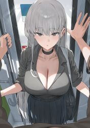 Rule 34 | 1boy, 1girl, black bag, black choker, black skirt, blush, breasts, choker, cleavage, collarbone, collared shirt, commentary, earrings, grey eyes, grey hair, grey shirt, highres, hood (james x), jewelry, large breasts, looking at viewer, mole, mole under eye, original, parted lips, pleated skirt, pov, shirt, shirt tucked in, skirt, solo focus, symbol-only commentary