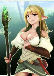 Rule 34 | 1girl, absurdres, ahoge, bare shoulders, blonde hair, blurry, blurry background, braid, breasts, cleavage, closed mouth, elf, feet out of frame, female focus, gauntlets, green eyes, hair between eyes, hand up, highres, holding, holding staff, horiishi horuto, knife, large breasts, legs, long hair, looking at viewer, original, outdoors, pointy ears, pouch, pulled by self, skirt, solo, staff, standing, thighs, tree, twin braids