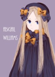 Rule 34 | 1girl, abigail williams (fate), absurdres, black bow, black dress, black hat, blonde hair, blue eyes, bow, character name, commentary request, dress, fate/grand order, fate (series), hair bow, hat, highres, long hair, looking at viewer, orange bow, parted bangs, parted lips, polka dot, polka dot bow, purple background, sidelocks, simple background, solo, very long hair, zeroasann
