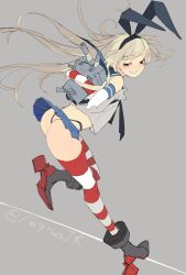 Rule 34 | 10s, 1girl, animal ears, ass, bad id, bad pixiv id, blonde hair, elbow gloves, fake animal ears, female focus, gloves, hageshii nakano, kantai collection, long hair, midriff, miniskirt, rabbit ears, shimakaze (kancolle), simple background, skirt, smile, solo, striped clothes, striped thighhighs, thighhighs